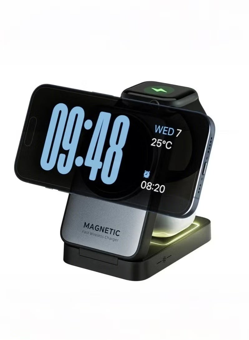 شاحن لاسلكي مغناطيسي قابل للطي 3 في 1، شاحن لساعة أبل، شاحن مغناطيسي لأجهزة آيفون، قاعدة شحن لأجهزة آيفون، شاحن قاعدة - شحن سريع، مناسب لأجهزة آيفون/ساعة أبل/إيربودز، إضاءة ليلية قابلة للتعديل، حامل محمول، مناسب للسفر، مناسب لأجهزة أبل/سامسونج/هواوي/شاومي وغيرها من الهواتف المحمولة/سماعات الأذن المزودة بخاصية الشحن المغناطيسي (فضي). - Image 1